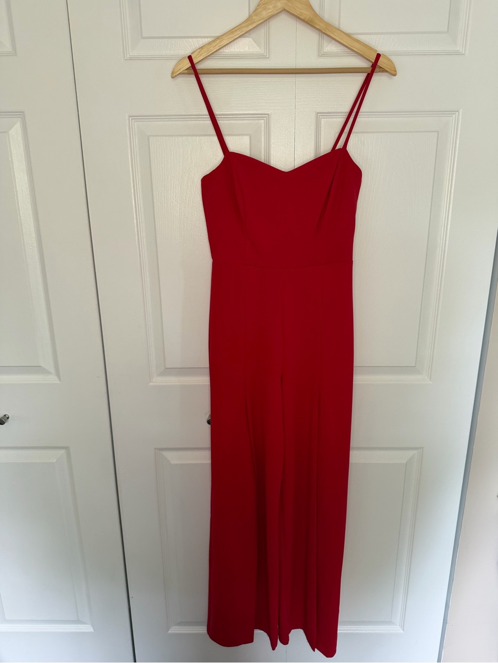 Bebe Red Spaghetti Strap Jumpsuit Front Wide Leg Slit Womens Size Small